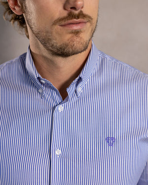 Camisa antimanchas tela algodon Oxford rayas color azul Harvard para hombre marca regular fit DANTE foto logo