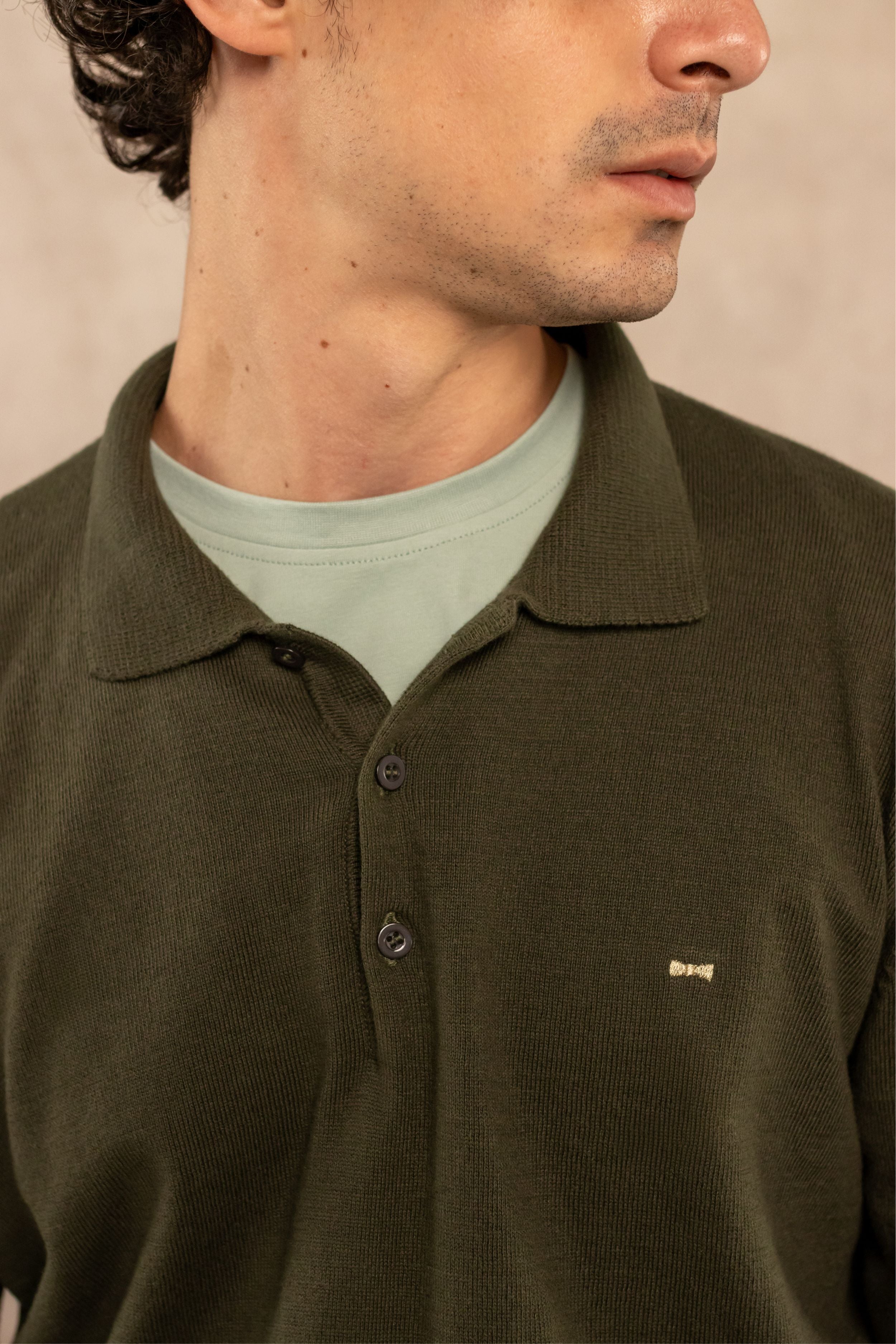 Polera Cuello Polo Tejido Manga Larga Verde Militar