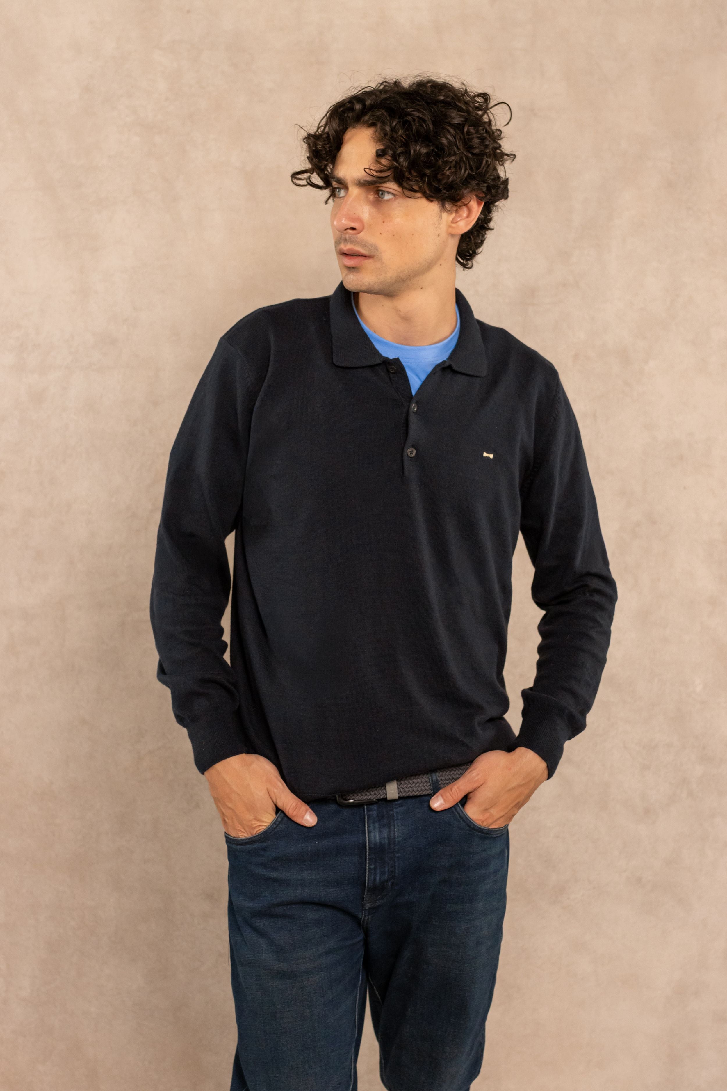 Polera Cuello Polo Tejido Manga Larga Midnight
