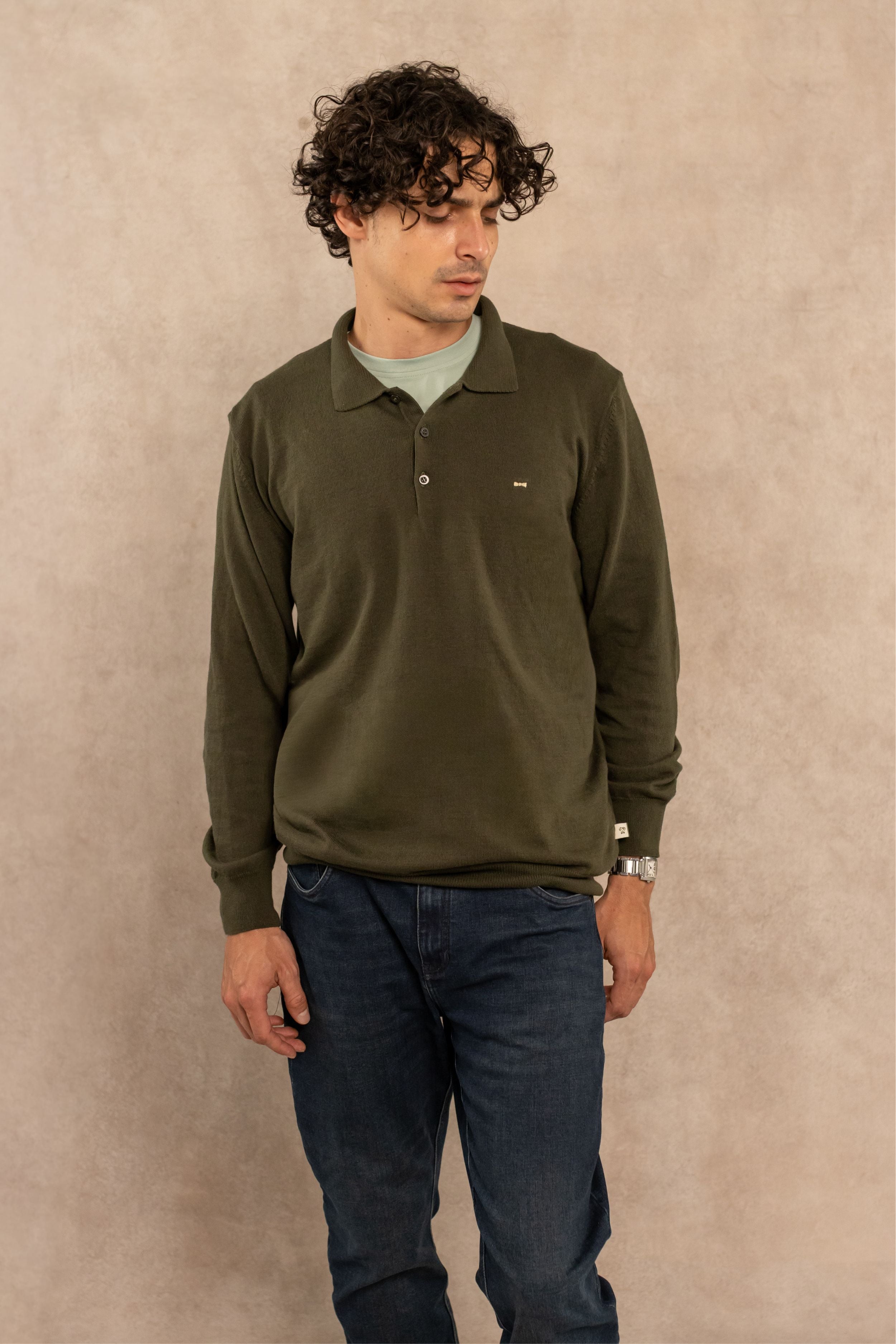 Polera Cuello Polo Tejido Manga Larga Verde Militar